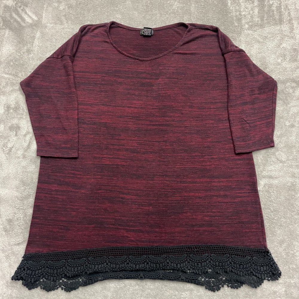 Shannon Ford 3/4 Sleeve Lace Trim Tunic Tops Burgundy Womens Size 1X